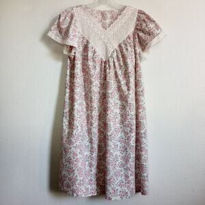 Vintage Prairie Nightie Pink Roses Adult M / L Cottage Core Cotton White Eyelet
